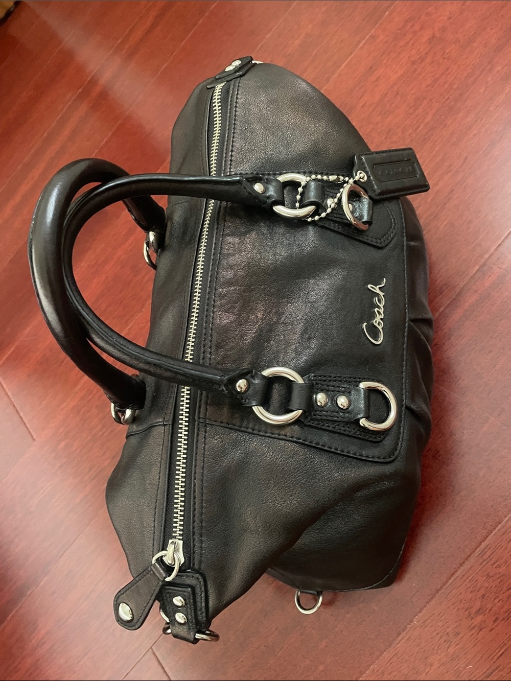 COACH Ashley Shimmering Black Leather Satchel Handbag - Picture 3 of 15